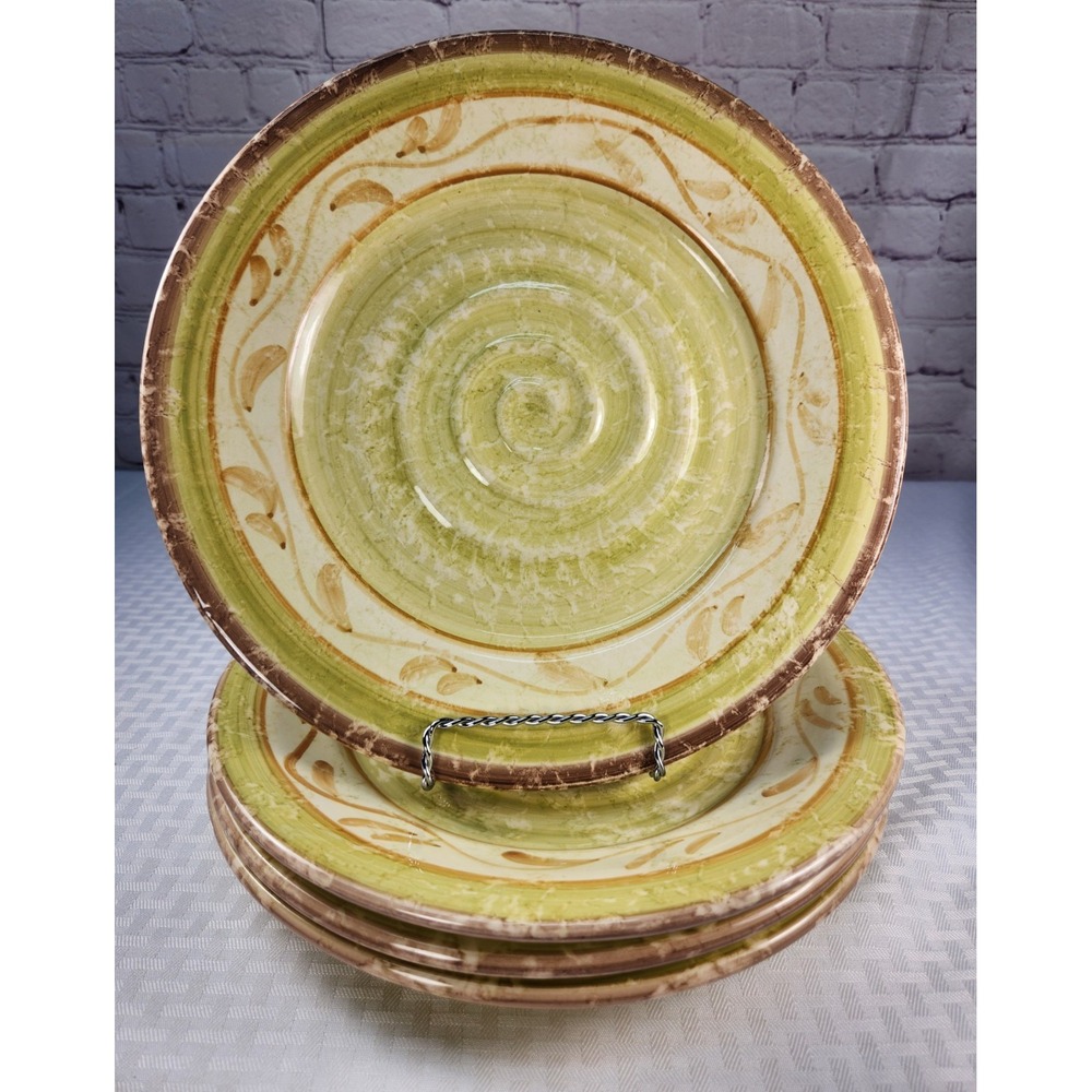 4 Certified International CIC Lime Green Swirl Large Dinner Plates Portugal RARE